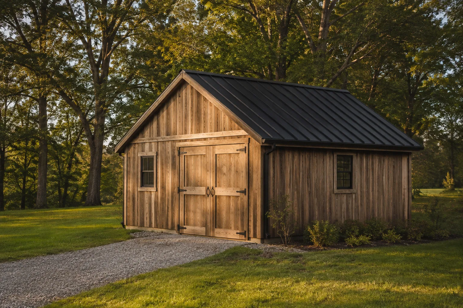 A cedar garden workshop surrounded by trees in warm evening light.