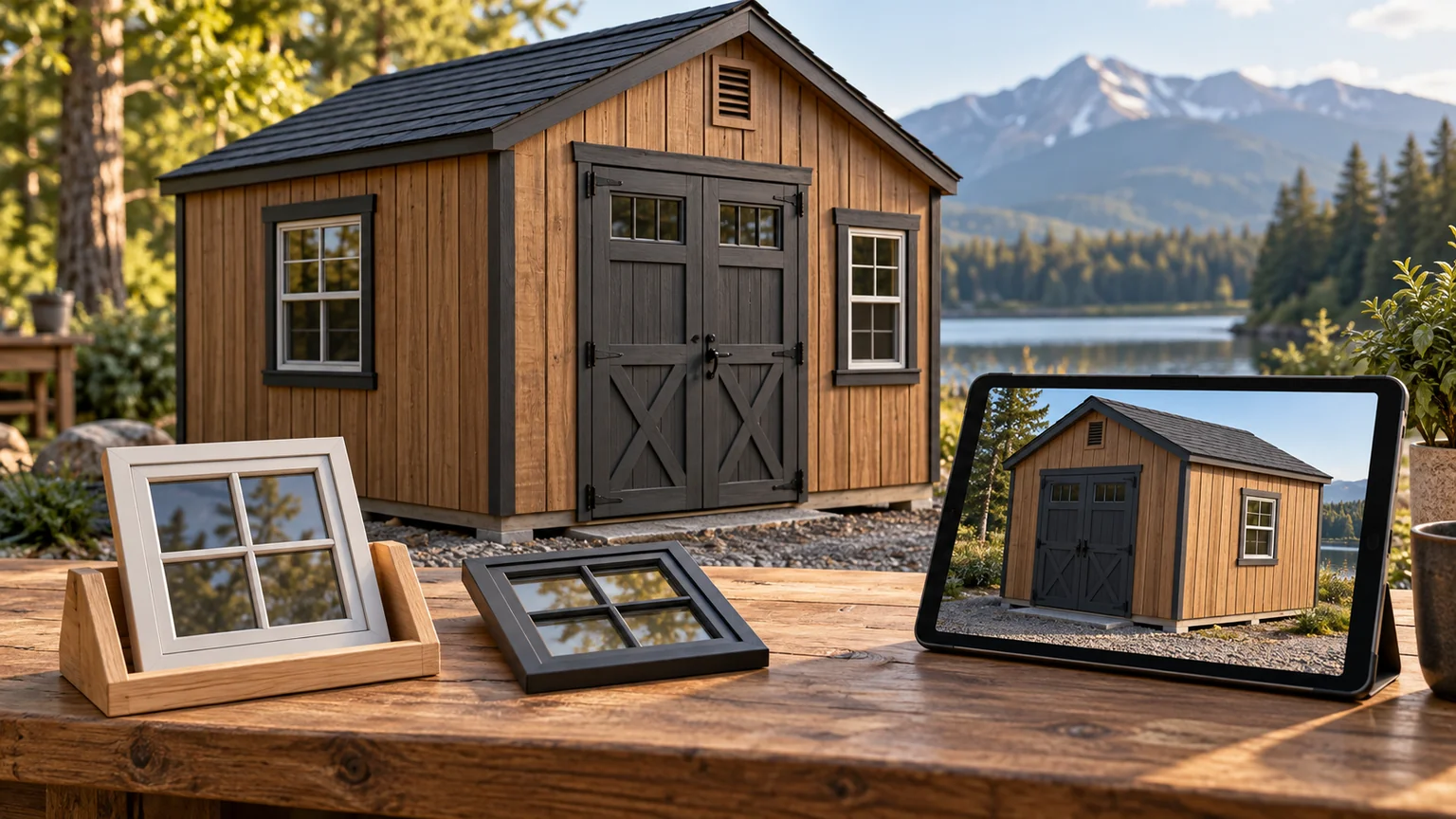 A shed model and interchangeable window panels illustrate a reversible design proposal.